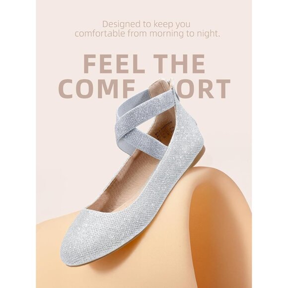 Dream Pairs Women Silver Faux Suede Flats Comfortable Elastic Ankle Straps Shoes - Picture 3 of 8